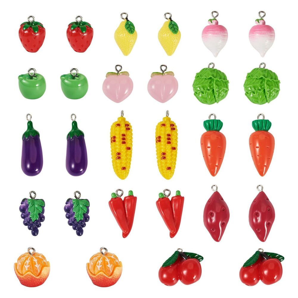 6238 Pandahall 28Pcs Resin Fruit Vegetable Charm 3D Imitation Food Pendants